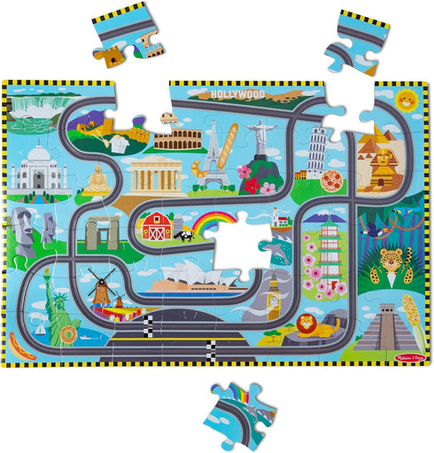 (48 4+ Melissa & Doug Race Around the World Tracks Cardboard Jigsaw Floor Puzzle and Wind-Up Vehicles Pcs)
