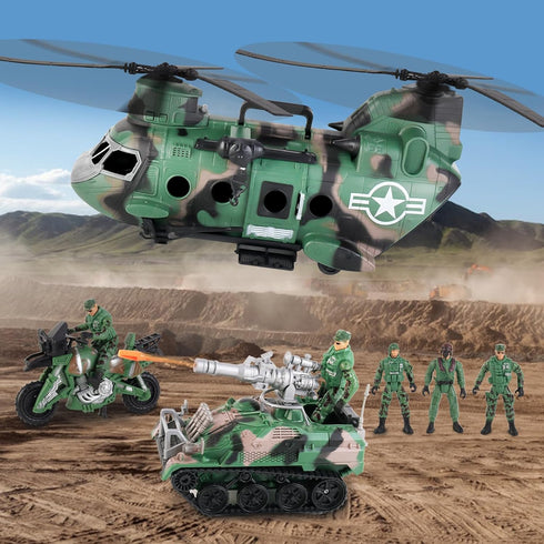 Set Playset, deAO Military Helicopter Toys Army Men Army Toys with Army Tank, Soldier Action Figures, Motorcycle