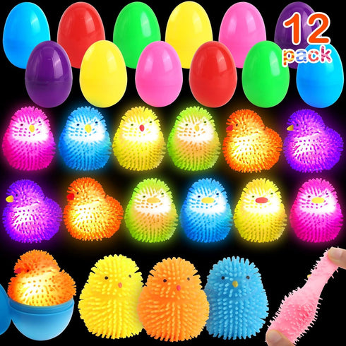 SURCVIO 12 Pack Easter Eggs Fillers LED Chick Puffer Balls, Easter Basket