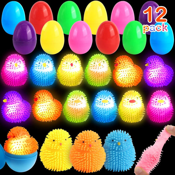 SURCVIO 12 Pack Easter Eggs Fillers LED Chick Puffer Balls, Easter Basket