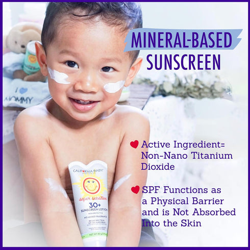 California Baby Super Sensitive SPF 30+ Sunscreen, 51 g / 1.8 oz - Hypoallergenic Unscented Mineral Protection