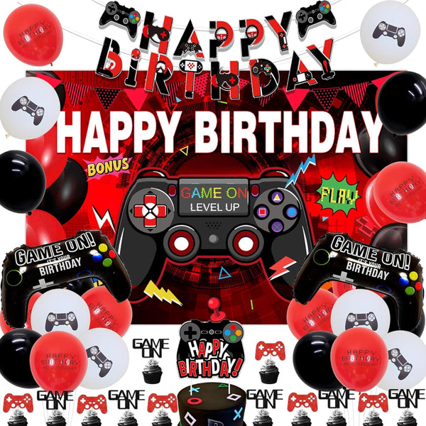 Video Game Birthday Party Decorations, Red and Black Gamer Supplies, Happy Birthday Backdrop, Cake Topper