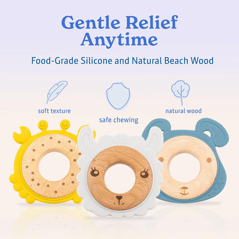 3-Pack 0-12 Set Baby Teething Toys for Months | Food-Grade Silicone & Natural Beech Wood Teether | Easy-to-Hold Animal