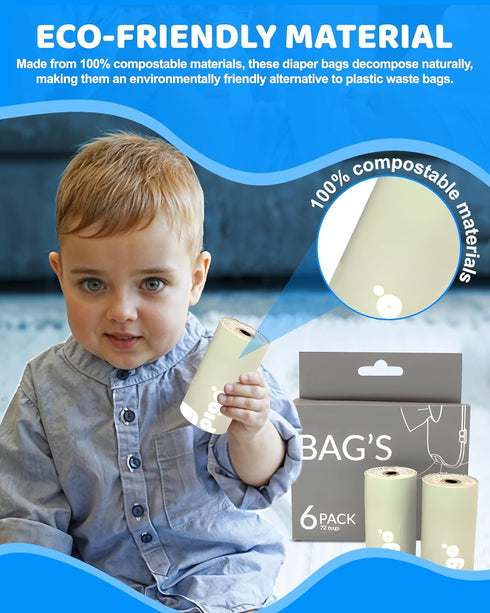 keepigo 6 72 Compostable Disposable Diaper Bags Refills | Rolls, Leak-Proof, XL Biodegradable Baby Poop Bags |
