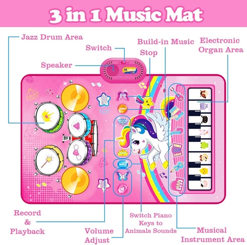 Toys for 1 Year Old Girl Gifts: Baby Musical Mat Toddler Toys Age 1-2, 3 in 1 Piano Drum Animal Touch Unicorn Toys for