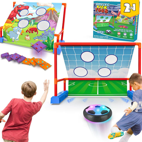 2-in-1 Moving Kick Toss Games for Kids - Light Up Hover Soccer Ball with Animal Bean Bag Toss, Indoor Outdoor Birthday
