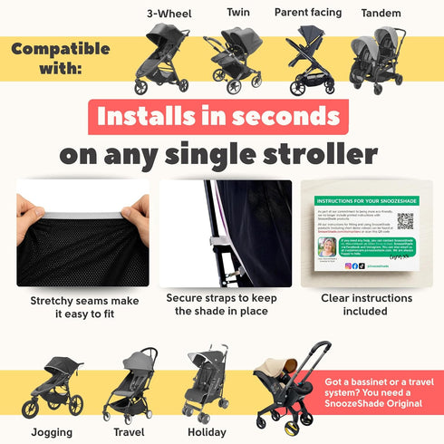 SnoozeShade 6m+ 99% 50+) Plus Extra, Stroller Sun Shade, Mosquito Net for Babies, Blocks of UV (UPF Universal Fit