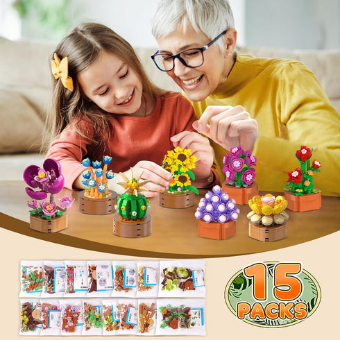 15 Pack Set 1314PCS 3.6MM 10+ CUBIMANA Flowers Plants Mini Building - Flower Succulents Botanical Collection Block Toy