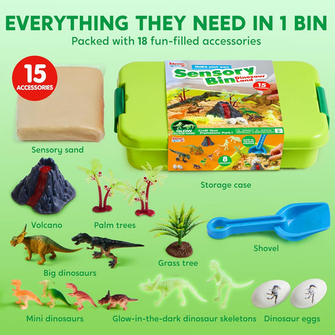 3+ JOVA Klever Kits Dinosaurs Sensory Bin Toys for Toddlers with Glow in The Dark Dinosaurs, Sandbox with Lid Sand