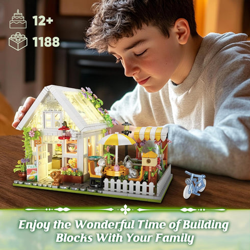 Husalari Set, 12+ (1188pcs) Flower House Building Block for Adults, Garden Architecture Building Toy with LED