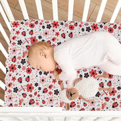 Vdsrup 39 27 5In Crib Sheets for Boys Girl Ladybugs Flowers Neutral Mini Crib Mattress Sheets Fitted, Red Pink Toddler