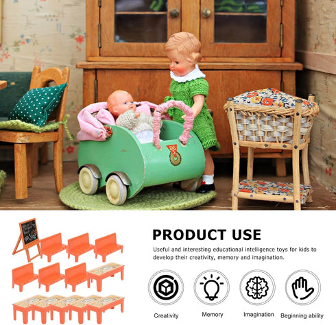 NUOBESTY 13pcs Yellow Table and Chairs, Mini Scene Doll Locker, Kids Desk Mini Classroom Toys