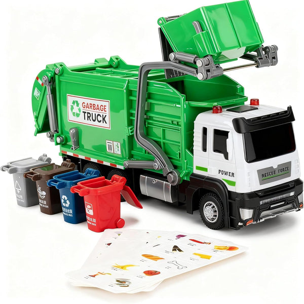 LOVEPOSELY Kids Garbage Recycling Truck Toy, Green Pull-Back Truck Model with Sound &