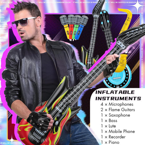 12 Pieces Inflatable Instruments Party Props Set, Rock Star Toy Blow Up Guitars, Saxophone, Bass, Microphones for 80s