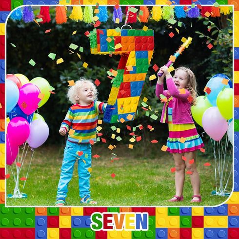 Number 7 Building Blocks Piñata, 16.5 Inch Party Supplies for 7th Birthday Decorations with Confetti Blocks Theme