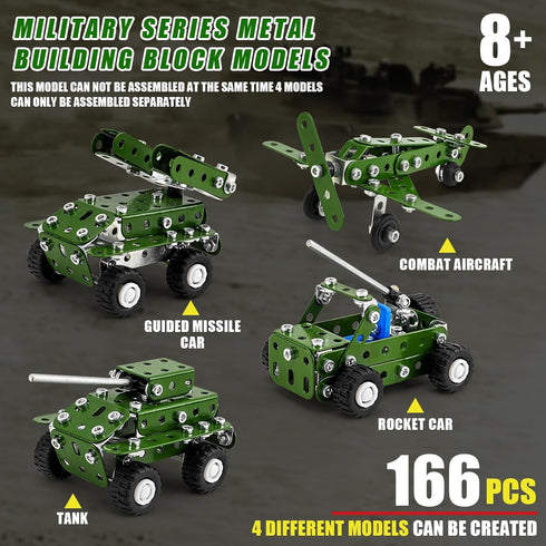 Model Building Kits, Metal Military Toys Model Kit, 4 in1 Erector Sets for Boys Age 8-12, Military Vehicles & Aircraft STEM Building Toys Metal Model