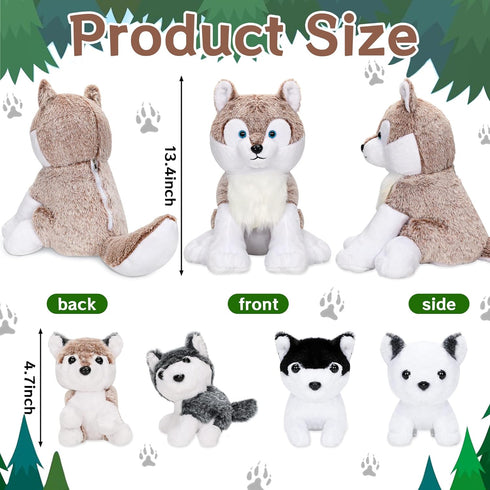 5PCS Wolf Plush Toys, 13.4 Inch Wolf Mom with Mini Babies, Stuffed Animal Family Set for Girls Boys Christmas