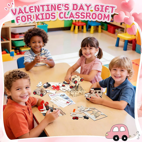 RISFUNIA 24 Pack Valentines Gifts for Kids Classroom, Wooden STEM Kits, Kids Valentines Day Cards for School Exchange