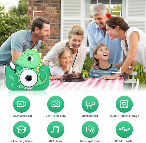 Dinosaur Toys Camera for Kids - Digital Camera for Boys Age 3-8, Cute Selfie Video Camera with 32GB SD Card