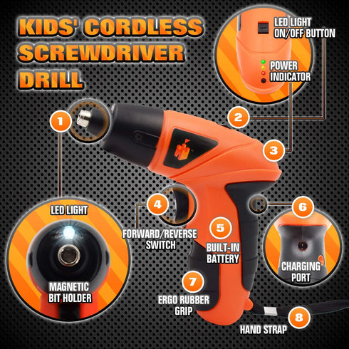JOY TOWN Set JoyTown Kids Real Power Drill Electric Cordless Drill Tool Kit for Children with Interchangeable Bits