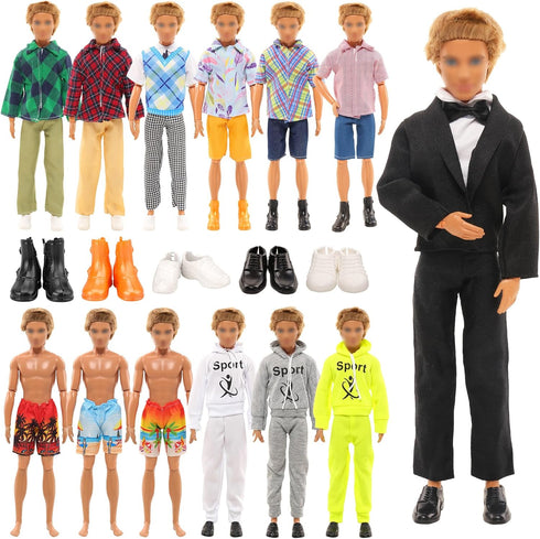 Miunana 10 Pcs Fashion Pack - 5 Sets of Casual Wear Clothes and 5 Shoes for Boy Doll, Random Styles Included