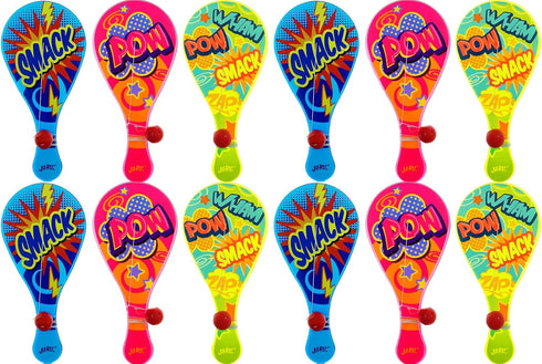 JA-RU Paddle Ball Set for Kids (12 Units) - Outdoor & Indoor Recess Games, 90s Toys Nostalgia, Birthday Party Favors