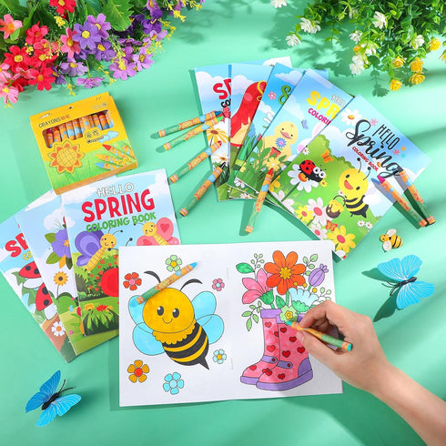 144 Set Fulmoon Pcs Spring Mini Coloring Books with Crayons Spring Small Coloring Books Bulk Easter Party Favor