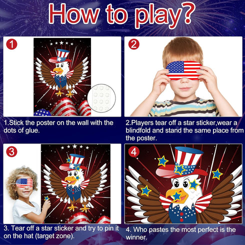 ASTARON Pin The Star on The Eagle, Patriotic Party Game for 4th of July, Poster with Stickers & Blindfolds