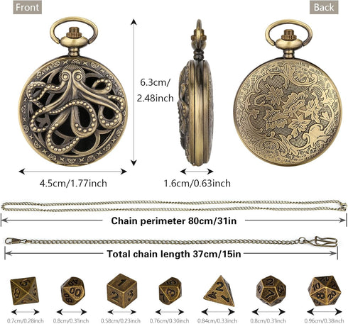 Mini DND Dice Set: 7pcs Polyhedral Metal D&D Dice with Steampunk Hollow Octopus Pocket Watch Shell Case
