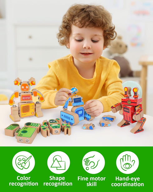 3 4 5 Playset, Coogam Fine Motor Building Robot Blocks for Years Old Kids, Wooden Snap Together Builders, STEM Take
