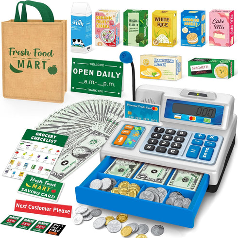 Cash Register Toy for Kids, 120 Pcs Grocery Store Playset with Credit