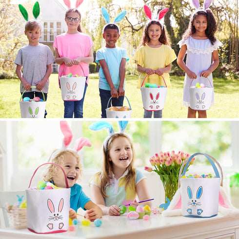 12 Set Domensi Pcs Easter Basket for Kids Canvas Easter Baskets with Handles and Plush Bunny Ear Headbands, Reusable