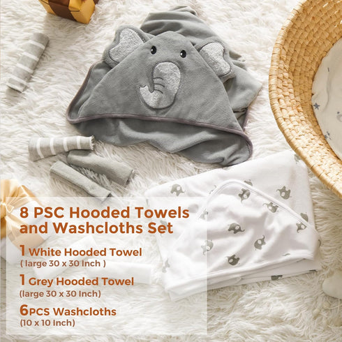 Momcozy Baby Hooded Towel, 8-Piece Bath Washcloth Set for Boys or Girls, Shower Gift