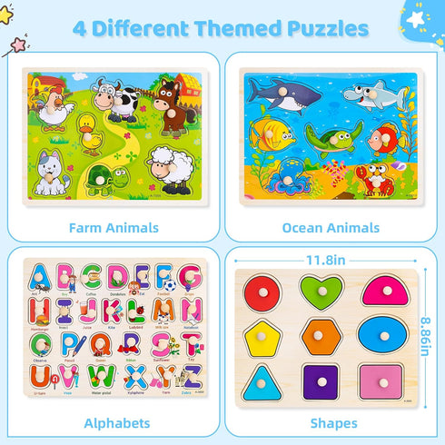 Peacurh 2 3 4 4 Pack 1-3 Wooden Peg Puzzles for Toddlers Year Old, Montessori Toys Preschool Learning Puzzles