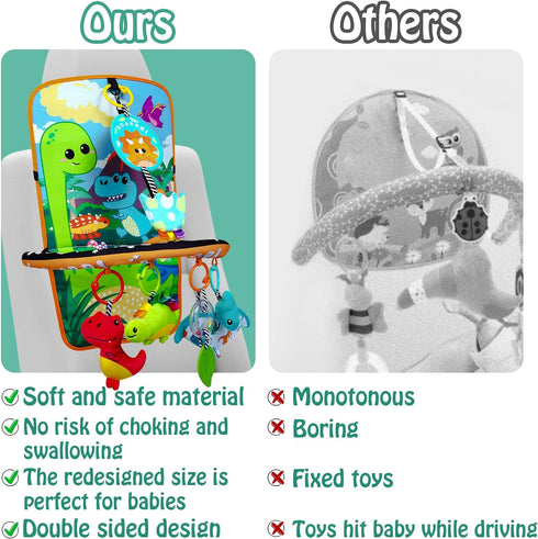 Innofans Baby Car Seat Dinosaurs Toys - Kick and Play Double Sided Infant Car Seat Toys with Plush Toys, Mirror