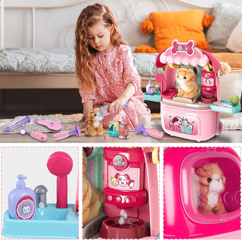 MAGIC4U 29PCS Set, 3-12 Pet Cat Care Carrier Suitcase Toy, Vet Clinic and Doctor Kit for Kids, Pet Kitty Grooming