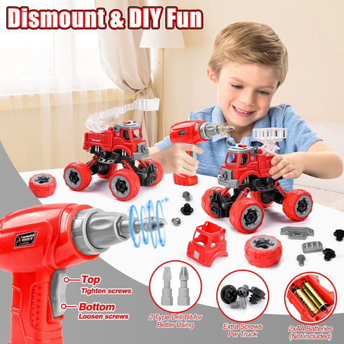 LUDILO 4PCS Fire Truck Toys for 3-5 Year Old Boys, DIY Assembly Take Apart Firetruck with Electric Drill, STEM Building