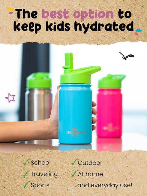Kids Water Bottle 12oz Pink | Insulated, Double Wall Stainless Steel | Leak Proof with Straw & Handle | Eco Friendly