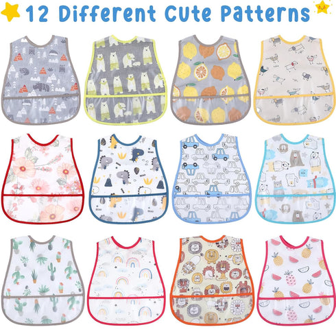 12 Pcs Baby Waterproof Bibs with Food Catcher, Adjustable Snaps Feeding Bibs for Toddlers (6 to 36 Months)
