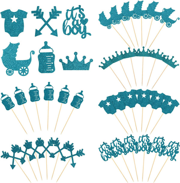 Boao 48 Pieces Glitter Cupcake Toppers for Baby Shower - It's a Boy Jumpsuit, Bodysuit, Carriage, Crown, Arrow Picks