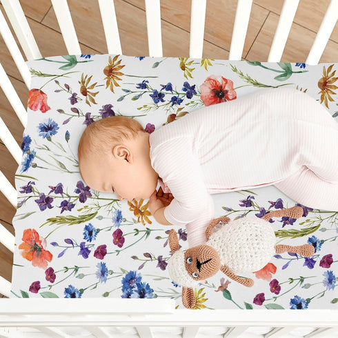 CaTaKu 27"x 39" Crib Sheets for Girls & Boys - Wildflowers Poppy Baby Sheets, Neutral Toddler Mini Crib Mattress Sheets