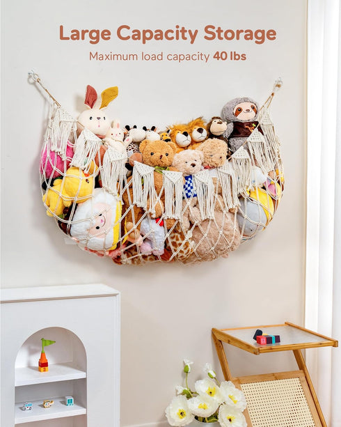 Stuffed Animal Hammock Net with Lights - Big Hanging Toy Hammock for Stuffed Animals and Teddy Bear Storage,Boho Plushie Net Organizer for Kids Boys Bedrooms Playroom Nursery(White) by MORCCO