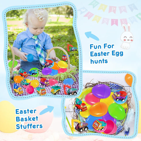 12 Prefilled Easter Eggs with Pull-Back Engineering Car Toys, Pcs Colorful Surprise Eggs with Construction Truck Gifts
