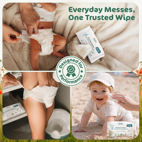 98% 168 Count (3 Packs) Naty Flushable Baby Wipes | Water, Hypoallergenic & Natural for Sensitive Skin | Unscented