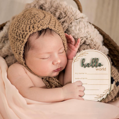 Gosknor 5.91x4.13 Inch Baby Announcement Sign, Wooden Hello World Baby Name Sign Newborn Announcement Sign Birth