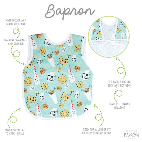 BapronBaby Cookies & Milk Bapron - No Neck Tie Safer Bib for Baby & Toddler (Soft Waterproof Stain Resistant; Machine