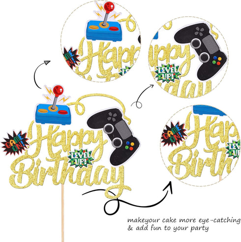 1 PCS Glitter Video Game Cake Topper GamePad Happy Birthday Cake Pick for Kids Boys Girls Baby Shower Theme