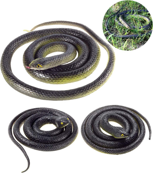 3-Pack Ultra-Realistic Rubber Snakes for Halloween Decorations, Large Fake Black Mamba Toy