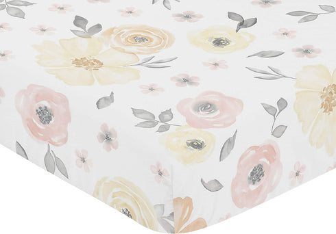 Sweet Jojo Designs Yellow and Pink Watercolor Floral Girl Fitted Crib Sheet Baby or Toddler Bed Nursery - Blush Peach