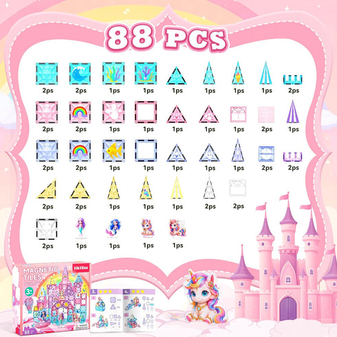 Set 4 3-5 4-8, Magnetic Tiles Unicorn Building Toys with Dolls, Princess Magnetic Blocks for Kids Ages STEM Educational